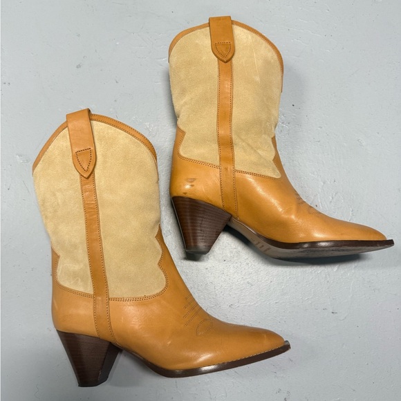 Isabel Marant Ochre Suede and Leather Mid Heel Cowboy Boots Size 37 Worn Twice - Picture 3 of 6
